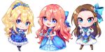  3girls akuyaku_reijo_nano_de_last_boss_wo_kattemimashita akuyaku_reijou_wa_ringoku_no_outaishi_ni_dekiai_sareru blonde_hair blue_dress blue_eyes braid brown_hair chibi crossover dress french_braid irene_loren_d&#039;authrice katarina_claes long_hair multiple_crossover multiple_girls otome_game_no_hametsu_flag_shika_nai_akuyaku_reijou_ni_tensei_shite_shimatta outfit_connection tiarose_lapis_clementille trait_connection yuma_(pixiv38148735) 