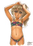  1girl arimura_yuu bikini blonde_hair blue_bikini commentary_request cowboy_shot dark_skin dated denim flat_chest grecale_(kancolle) grey_eyes halter_top halterneck highres holding holding_hair kantai_collection long_hair official_alternate_costume signature solo standing swimsuit tan wavy_hair white_background 