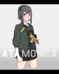  absurdres artist_name atamonica blush clenched_hands cowboy_shot eyebrows_visible_through_hair glasses grey_hair gun h&amp;k_mp7 headset highres jacket military original purple_eyes simple_background skirt submachine_gun tongue tongue_out weapon 