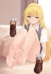  1girl ass bangs bare_legs barefoot bed blonde_hair blush brown_footwear closed_mouth collared_shirt curtains elbow_gloves eyebrows_visible_through_hair eyelashes feet foot_focus foreshortening gloves grey_vest hand_up highres holding holding_shoes indoors knees_to_chest knees_up kou_futoshi legs legs_together loafers long_hair looking_at_viewer panties pantyshot school_uniform shiny shiny_clothes shiny_skin shirt shoes shoes_removed shokuhou_misaki sidelocks sitting smile soles solo spread_toes symbol-shaped_pupils thighs toaru_kagaku_no_railgun toaru_majutsu_no_index toes underwear vest white_gloves white_panties white_shirt window 
