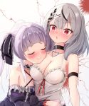  2girls absurdres bare_shoulders black_choker black_hair black_ribbon black_sleeves blush braid breasts can choker cleavage closed_eyes closed_mouth collarbone commentary_request criss-cross_halter detached_sleeves drooling drunk frilled_choker frills grey_hair hair_ribbon halterneck head_on_chest heart highres holding holding_can hololive large_breasts light_purple_hair long_hair long_sleeves makino_maki medium_hair multicolored_hair multiple_girls murasaki_shion murasaki_shion_(gothic_lolita) open_mouth red_eyes ribbon sakamata_chloe sakamata_chloe_(1st_costume) sidelocks simple_background twintails two-tone_hair upper_body virtual_youtuber white_background yuri 