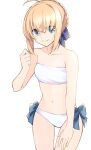  1girl ahoge artoria_pendragon_(fate) bandeau bangs bare_arms bare_shoulders bikini blonde_hair blue_bow bow breasts collarbone commentary cowboy_shot eyebrows_visible_through_hair fate/grand_order fate_(series) green_eyes hair_between_eyes hair_bow hand_up highres looking_at_viewer maru_(pixiv51714255) navel short_hair side-tie_bikini sidelocks simple_background small_breasts smile solo standing stomach strapless strapless_bikini swimsuit thighs tube_top white_background white_bikini 