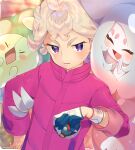  1boy absurdres ahoge bangs bede_(pokemon) blonde_hair blush coat commentary_request curly_hair dynamax_band gloves great_ball hand_on_hip hand_up hatterene highres holding holding_poke_ball male_focus poke_ball pokemon pokemon_(game) pokemon_swsh purple_coat purple_eyes reuniclus short_hair single_glove sleeves_rolled_up sweatdrop yupiteru 