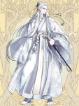  1boy bishounen dairoku_ryouhei full_body holding holding_weapon japanese_clothes kimono long_hair long_sleeves male_focus morino_bambi pale_skin print_kimono solo very_long_hair weapon white_footwear white_kimono wide_sleeves yellow_background 