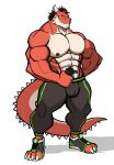  abs absurd_res anthro bottomwear bulge claws clothed clothing darknaigart dragon footwear hair hi_res horn male muscular muscular_anthro muscular_male nipples pants pecs shoes simple_background solo standing tight_bottomwear tight_clothing toeless_footwear toeless_shoes topless white_background 