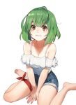  1girl ahoge arms_between_legs bangs barefoot between_legs breasts brown_eyes cleavage collarbone denim denim_shorts eyebrows_behind_hair feet green_hair grin hand_between_legs highres leg_ribbon looking_up original rang_go red_ribbon ribbon short_hair short_shorts shorts simple_background sitting small_breasts smile spaghetti_strap teeth thick_eyebrows thigh_ribbon unkempt wariza white_background 