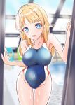  1girl blonde_hair blue_eyes blue_swimsuit breasts commentary_request competition_swimsuit cowboy_shot egonomi hachimiya_meguru idolmaster idolmaster_shiny_colors large_breasts leaning_forward long_hair looking_at_viewer one-piece_swimsuit rei_no_pool solo swimsuit 