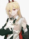  &gt;:) +_+ 1girl animal bangs black_jacket black_necktie blonde_hair cat chainsaw_man collared_shirt commentary_request crosshair_pupils demon_horns eyebrows_behind_hair eyelashes grin hair_between_eyes hand_up high_collar holding holding_animal holding_cat horns jacket long_bangs long_hair looking_at_viewer meowy_(chainsaw_man) necktie off_shoulder ok_sign power_(chainsaw_man) red_eyes red_horns sharp_teeth shirt simple_background smile solo teeth thick_eyebrows upper_body v-shaped_eyebrows white_background white_shirt xiao_huangyuan_lang 
