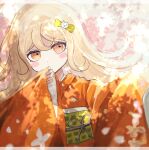  1girl alternate_hairstyle artist_name bangs blonde_hair blush_stickers bow cat_hair_ornament danganronpa_(series) danganronpa_2:_goodbye_despair hair_between_eyes hair_ornament hand_up japanese_clothes kimono long_hair mikao_(eanv5385) obi orange_eyes orange_kimono petals saionji_hiyoko sash shiny shiny_hair solo watermark wide_sleeves 