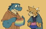  alligator alligatorid anthro bisexual_pride_colors blush clothing crocodilian doginacafe duncan_(doginacafe) duo eddie_(doginacafe) eyewear glasses horn jacket lgbt_pride male pride_color_flag pride_colors reptile scalie topwear 