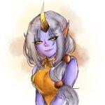  bedroom_eyes big_breasts breasts clothed clothed_female clothing female hair hi_res horn horned_humanoid humanoid humanoid_pointy_ears league_of_legends long_hair looking_at_viewer milkyakee narrowed_eyes ponytail purple_body purple_skin riot_games seductive simple_background smile solo soraka standing video_games white_background white_hair yellow_eyes 