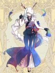  1girl black_gloves braid dairoku_ryouhei front_slit full_body gloves hair_over_one_eye horns japanese_clothes long_hair looking_at_viewer morino_bambi red_eyes see-through seigaiha sleeveless solo standing standing_on_one_leg very_long_hair white_hair yellow_background 
