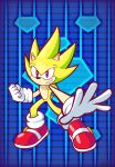  5_fingers anthro blue_background chonzo clothing eulipotyphlan fingers footwear fur gloves handwear hedgehog hi_res looking_at_viewer male mammal pattern_background pose prick_ears red_clothing red_eyes red_footwear red_shoes sega shoes simple_background smile solo sonic_the_hedgehog_(series) super_sonic tan_body tan_fur white_clothing white_gloves white_handwear yellow_body yellow_fur 