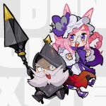  1boy 1girl animal_ears armor beard character_name chibi don_quixote_(fate) facial_hair fate/grand_order fate_(series) glasses grey_hair hamelon310 helmet high_heels highres holding holding_polearm holding_weapon horse_ears mustache pink_hair polearm purple_eyes sancho_(fate) spear weapon 