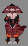  anthro big_breasts black_hair breasts clothed clothing fangs female fluffy fluffy_tail fur hair hi_res karnator lombax looking_at_viewer mammal multicolored_body multicolored_fur open_mouth open_smile orange_eyes partially_clothed ratchet_and_clank red_body red_fur simple_background smile solo sony_corporation sony_interactive_entertainment thick_thighs video_games wide_hips 