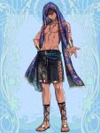  1boy armlet black_hair blue_background bracelet brown_eyes dairoku_ryouhei full_body glint hair_between_eyes jewelry looking_at_viewer male_focus male_swimwear morino_bambi navel necklace parted_lips print_veil sandals shiny shiny_skin smile swim_trunks tan toned toned_male 