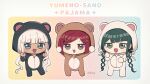  3girls :3 :d :o alternate_costume animal_costume artist_name bangs bear_costume black_eyes brown_eyes chabashira_tenko danganronpa_(series) danganronpa_v3:_killing_harmony dark-skinned_female dark_skin drill_hair eyebrows_visible_through_hair full_body grey_background grey_ribbon hair_ribbon long_hair mikao_(eanv5385) mole mole_under_mouth multicolored_background multiple_girls open_mouth red_eyes red_hair ribbon short_hair smile twin_drills yonaga_angie yumeno_himiko 