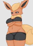  absurd_res anthro blush breasts clothed clothing eeveelution female flareon fur genitals hi_res looking_at_viewer mammal nintendo pok&eacute;mon pok&eacute;mon_(species) pussy simple_background solo video_games white_background yoru_vida 