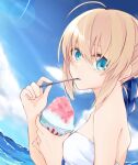  1girl ahoge artoria_pendragon_(fate) bangs bare_shoulders bikini blonde_hair blue_eyes blue_ribbon blue_sky cloud day eyebrows_visible_through_hair fate/stay_night fate_(series) from_side hair_between_eyes hair_ribbon lens_flare looking_at_viewer maru_(pixiv51714255) ocean outdoors ribbon saber shaved_ice short_hair sidelocks sky solo strapless strapless_bikini summer swimsuit upper_body white_bikini 