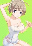  1girl ahoge blue_eyes blush breasts brown_hair cleavage closed_mouth collarbone happy_birthday highres keicha_(kmoekaki) large_breasts looking_at_viewer lynette_bishop naked_towel shiny shiny_hair shiny_skin simple_background smile solo strike_witches towel world_witches_series 