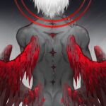  1boy arsh_(thestarwish) colored_skin english_text extra_eyes feathered_wings from_behind gradient gradient_background grey_background grey_skin hand_on_own_shoulder head_out_of_frame injury low_wings male_focus multiple_wings original red_wings short_hair solo upper_body white_hair wings 