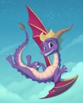  2022 activision cloud dragon flying hi_res horn laser-fire long_neck looking_at_viewer male membrane_(anatomy) membranous_wings purple_body purple_eyes sky smile solo spots spyro spyro_the_dragon star video_games wings 
