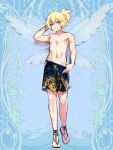  1boy adjusting_clothes adjusting_swimsuit arm_behind_head black_swimsuit blonde_hair blue_background blue_eyes bracelet floral_print full_body hand_up jewelry male_focus male_swimwear morino_bambi navel pandora_party_project parted_lips sandals scar scar_on_arm scar_on_leg scar_on_stomach short_ponytail smile solo swim_trunks swimsuit wet wings 