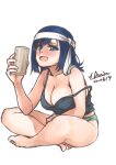  1girl alternate_hairstyle arimura_yuu beer_can black_camisole blue_eyes blue_hair breasts camisole can cleavage commentary_request drunk full_body green_panties hair_down headband highres indian_style kantai_collection large_breasts one-hour_drawing_challenge panties simple_background sitting solo souryuu_(kancolle) strap_slip underwear white_background 