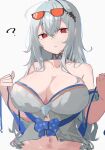  1girl ? arknights asususususu bangs bare_shoulders breasts choker cleavage commentary_request eyebrows_visible_through_hair eyewear_on_head grey_background grey_hair hair_ornament highres large_breasts long_hair looking_at_viewer navel no_hat no_headwear off-shoulder_shirt off_shoulder red_eyes shirt short_sleeves simple_background skadi_(arknights) skadi_(waverider)_(arknights) solo sunglasses white_shirt 