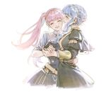  2girls alzi_xiaomi arm_around_waist bangs belt blue_hair blunt_bangs breasts closed_eyes eyebrows_visible_through_hair fire_emblem fire_emblem:_three_houses garreg_mach_monastery_uniform highres hilda_valentine_goneril holding_hands long_sleeves looking_at_another marianne_von_edmund multiple_girls open_mouth pink_hair simple_background smile teeth tongue twintails watermark white_background yuri 