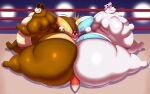 &lt;3 anthro ass_to_ass belly between_butts big_butt brown_body brown_fur brown_hair butt butt_squish canid canine cinna_(megacoolbear) clothed clothing fighting_ring fox fur group hair hi_res huge_butt huge_thighs hyper hyper_butt male male/male mammal megacoolbear_(artist) moobs obese obese_anthro obese_male orange_body orange_fur overweight overweight_anthro overweight_male pink_hair polar_bear size_difference squish thick_thighs topless trio ursid ursine white_body white_fur wide_hips 