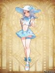  1boy ankle_bow blue_bow blue_skirt bow bowtie bracelet crop_top floral_print full_body grey_hair hat hat_bow jewelry long_hair looking_at_viewer morino_bambi navel otoko_no_ko pandora_party_project skirt sleeveless smile standing sun_hat suspenders thigh_strap toeless_footwear white_headwear yellow_background yellow_eyes 