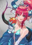  1girl absurdres asymmetrical_horns bangs bare_shoulders blue_dress blue_eyes blush breasts detached_sleeves dragon_girl dragon_horns dragon_tail dress earrings elizabeth_bathory_(cinderella_rider)_(fate) elizabeth_bathory_(fate) elizabeth_bathory_(fate/extra_ccc) fang fate/grand_order fate_(series) gloves halloween highres horns jewelry katsu_(katsupainter) long_hair looking_at_viewer pink_hair pointy_ears skin_fang small_breasts smile solo tail tiara 