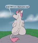  anthro big_breasts big_butt breasts butt detailed_background dialogue female fluffy fluffy_tail fur genitals grey_body grey_fur hair hi_res karnator looking_at_viewer looking_back moomin open_mouth pink_body pink_fur pink_hair pussy red_eyes rock sitting solo speech_bubble the_moomins thick_thighs tongue troll wide_hips 