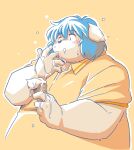  2022 atro belly big_belly blue_hair blush canid canine canis clothing dessert domestic_dog food hair humanoid_hands ice_cream kemono male mammal overweight overweight_male shirt simple_background solo takagi_kyou topwear 