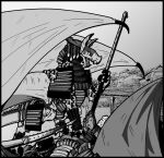  accessory armor clothing detailed_background dragon duo feral furgonomics horn khez_(labjer) labjer male melee_weapon monochrome naginata pattern_clothing polearm samurai_armor stab tail_accessory weapon wings 
