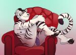  absurd_res anthro armchair black_hair black_stripes chair felid fur furniture genitals hair hi_res male mammal merlinmakes on_chair pantherine penis pink_eyes purple_penis red_armchair sitting sitting_on_chair smile smiling_at_viewer solo stripes tiger white_body white_fur 