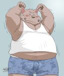  2022 anthro belly big_belly blush bulge canid canine clothing eyes_closed kemono male mammal overweight overweight_male shirt simple_background solo stretching topwear toshi_(artist) underwear 