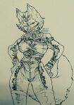  2018 anthro biped bodysuit breasts canid canine clothed clothing dated female fur gloves grin hair hands_on_hips handwear kemono legwear mammal medium_breasts monochrome muzzle_(object) muzzled nipple_outline portrait sharp_teeth short_hair skinsuit smile snout solo standing teeth teteteko thigh_highs three-quarter_portrait tight_clothing traditional_media_(artwork) zipper 