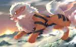  arcanine bright_pupils brown_eyes commentary_request fangs from_side no_humans open_mouth outdoors pokemon pokemon_(creature) solo soomee_n sun sunset tongue white_pupils 