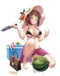  1girl absurdres bag bare_shoulders bikini black_bikini blush bracelet breasts brown_hair closed_eyes food fruit full_body game_cg guardian_tales hat highres holding holding_knife innkeeper_loraine jewelry knife medium_breasts medium_hair official_alternate_costume official_art one_knee open_mouth see-through straw_hat swimsuit transparent_background watermelon wet wet_clothes 