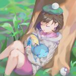  absurdres brown_hair closed_eyes creature gloria_(pokemon) grass hat highres holding holding_creature pink_shirt pink_skirt poke_ball pokemon pokemon_(game) pokemon_swsh rudenburg shirt skirt sleeping sobble sweater tam_o&#039;_shanter tree 