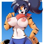  anthro bandanna big_breasts black_hair blush bottomwear breasts clothed clothing crossgender felid female frosted_flakes hair hi_res kellogg&#039;s kerchief lucyfercomic mammal mascot mtf_crossgender nipples open_mouth pantherine pink_nipples red_bandanna red_kerchief shorts solo stripes tiger tony_the_tiger topless topless_female 