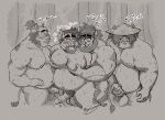  2022 anthro balls belly big_belly blush clothing erection genitals groping_from_behind group hair hair_over_eyes hat headgear headwear hi_res humanoid_genitalia humanoid_hands humanoid_penis male male/male mammal moob_grab moobs nipples penis pure_command sex suid suina sus_(pig) wild_boar 