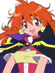  1990s_(style) 1girl bad_link big_eyes blush brooch cape collar earrings fang headband highres jewelry kirupi lina_inverse long_hair orange_hair retro_artstyle slayers smile smug solo 