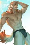  1boy abs aixiwuganda_(20222192) alternate_costume animal_ears arknights bangs bara black_male_swimwear brown_fur bulge dog_boy dog_ears from_below furry furry_male hand_on_own_head highres horns hung_(arknights) large_pectorals male_focus male_swimwear medium_hair multicolored_hair muscular muscular_male navel nipples orange_eyes orange_hair pectorals single_horn smirk solo stomach streaked_hair swim_briefs thick_thighs thighs topless_male two-tone_fur 