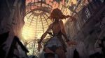  1girl aric ass bat_wings black_wings blurry blurry_foreground braid brown_hair flower from_behind hair_flower hair_ornament indoors long_hair pixiv_fantasia pixiv_fantasia_t scenery standing sunlight thigh_strap wings 
