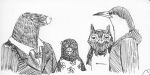  anthro apron avian beak bird black_body black_fur black_hair bow_tie clothing cuculiform efradraws eulipotyphlan fur group hair mammal mole_(animal) owl pen_(artwork) ribbons shirt star-nosed_mole suit sweater topwear traditional_media_(artwork) 