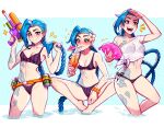  1girl bikini blue_hair blue_nails blushy-pixy braid breasts commentary crop_top cup drinking flower freckles hair_flower hair_ornament jinx_(league_of_legends) league_of_legends long_hair multicolored_nails multiple_views nail_polish navel open_mouth pink_nails purple_bikini purple_eyes shirt small_breasts smile stomach stomach_tattoo striped striped_bikini swimsuit tattoo twin_braids very_long_hair wading water water_balloon water_gun wet wet_clothes wet_shirt white_shirt 
