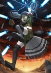  1girl action bird_girl bird_tail bird_wings black_gloves black_legwear blonde_hair boots brown_hair camouflage camouflage_shirt camouflage_shorts commentary_request crop_top fingerless_gloves from_below gloves glowing glowing_eyes hair_between_eyes head_wings japari_symbol kemono_friends kemono_friends_3 knee_boots lightning long_hair looking_at_viewer midriff multicolored_hair northern_goshawk_(kemono_friends) official_alternate_costume shirt short_sleeves shorts solo t-shirt tail tied_shirt wings yellow_eyes yumeumi_sousaku 